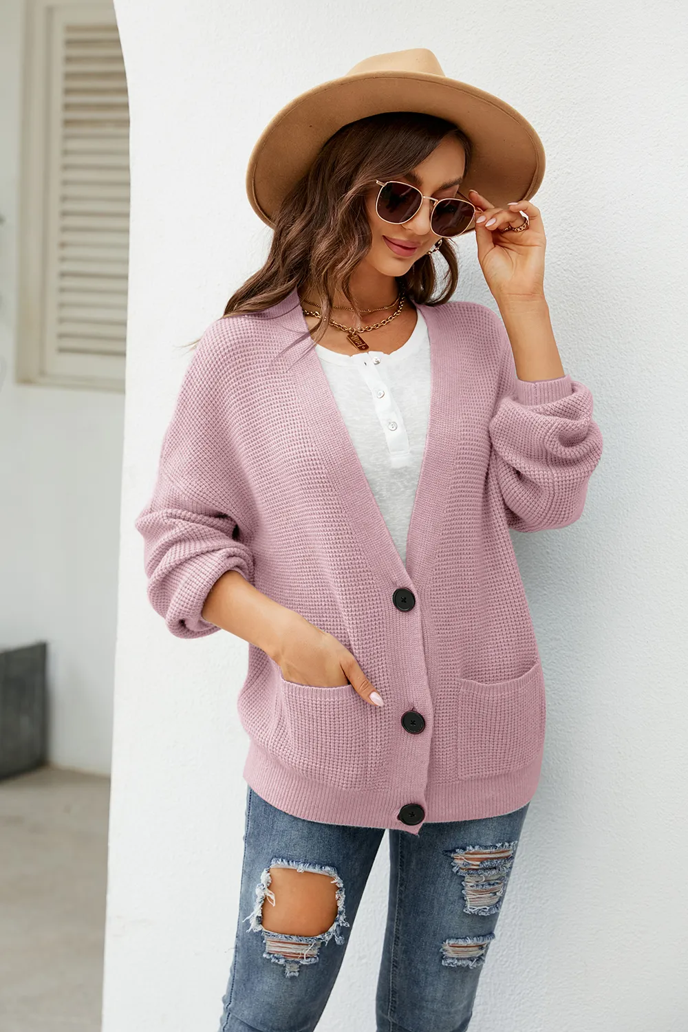 Button Up Drop Shoulder Long Sleeve Cardigan, image 3