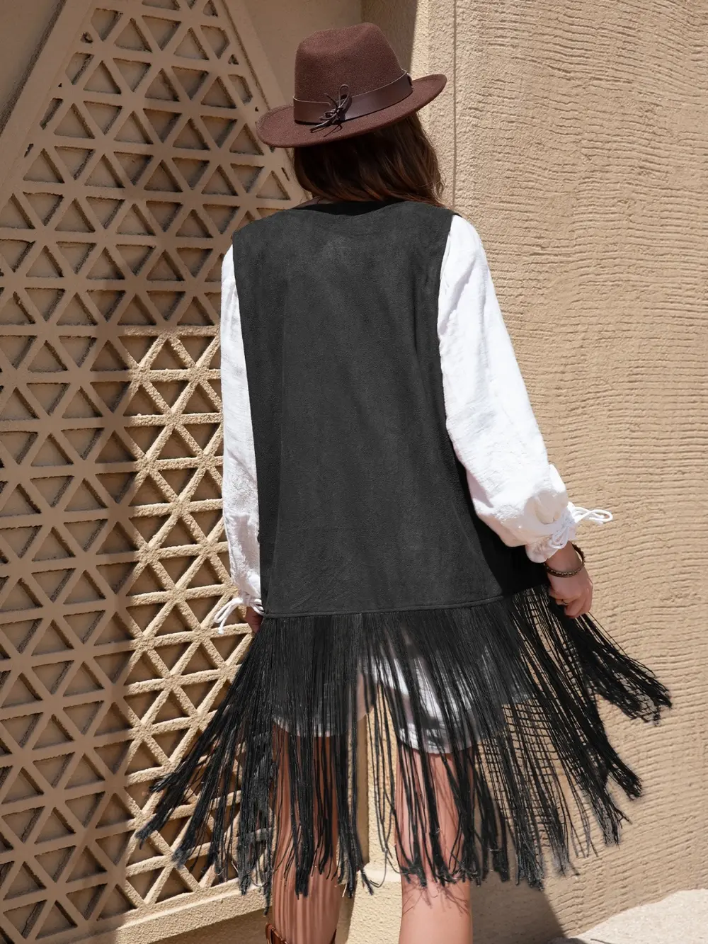 Faux Suede Fringe Hem Open Front Vest, image 14