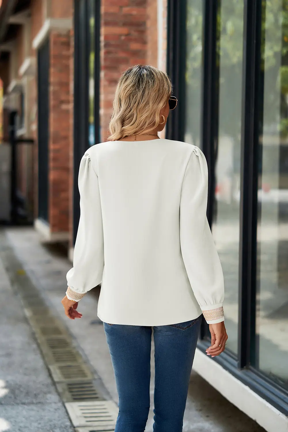 V-Neck Lace Detail Long Sleeve Top, image 12