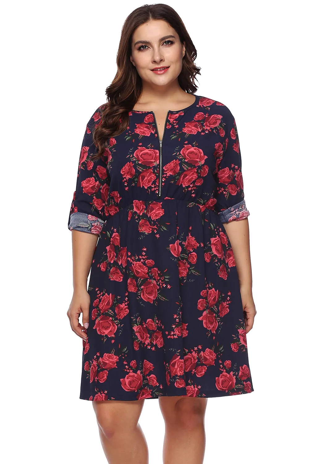 Plus Size Floral Print Half Zip Up Dress, image 4