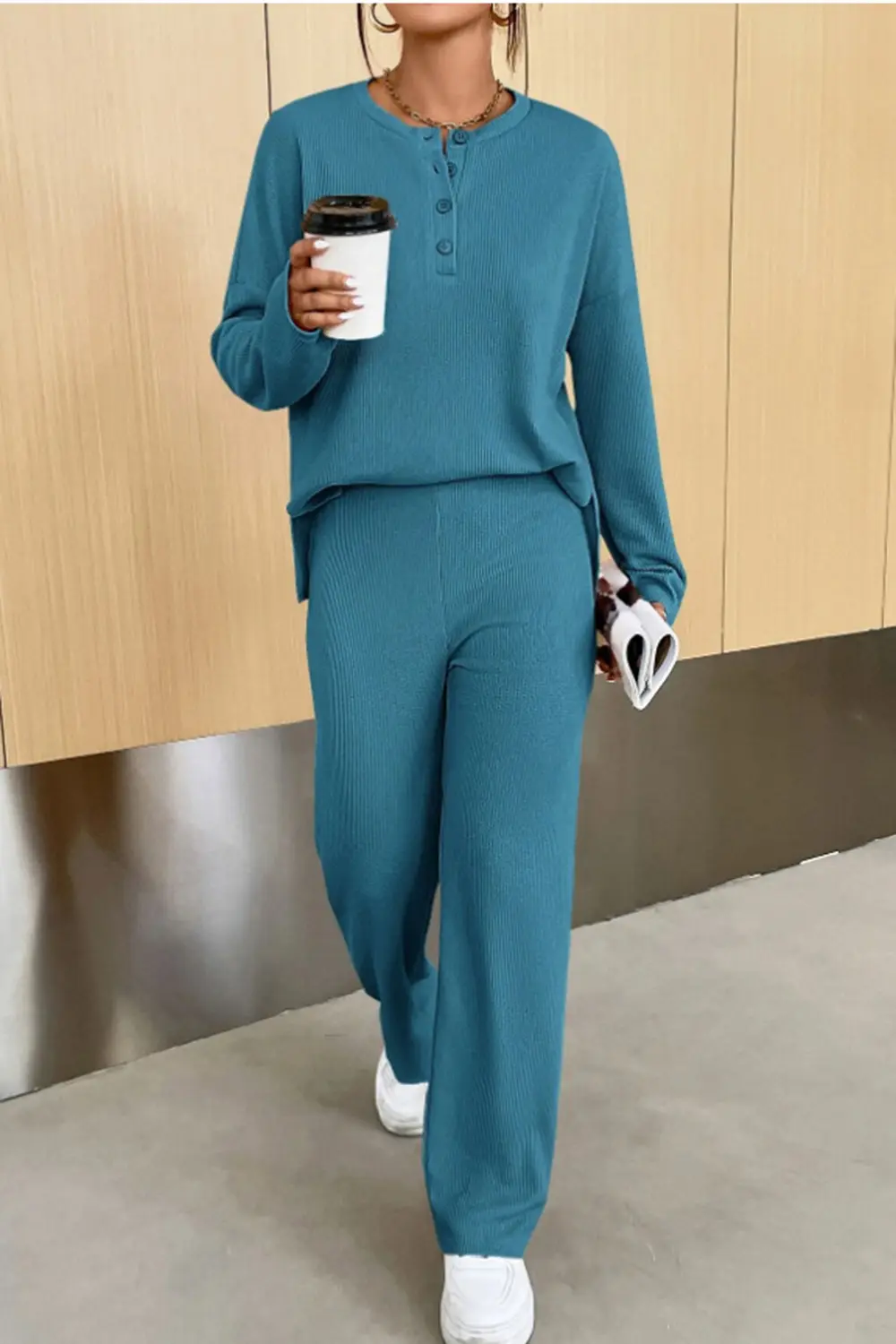 Ribbed Half Button Top and Pants Set, image 6
