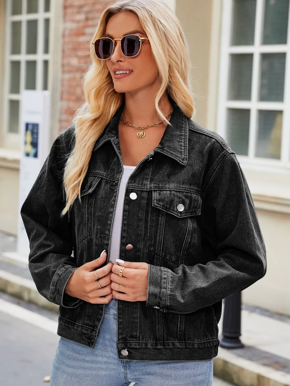 Pocketed Collared Neck Denim Jacket, image 6