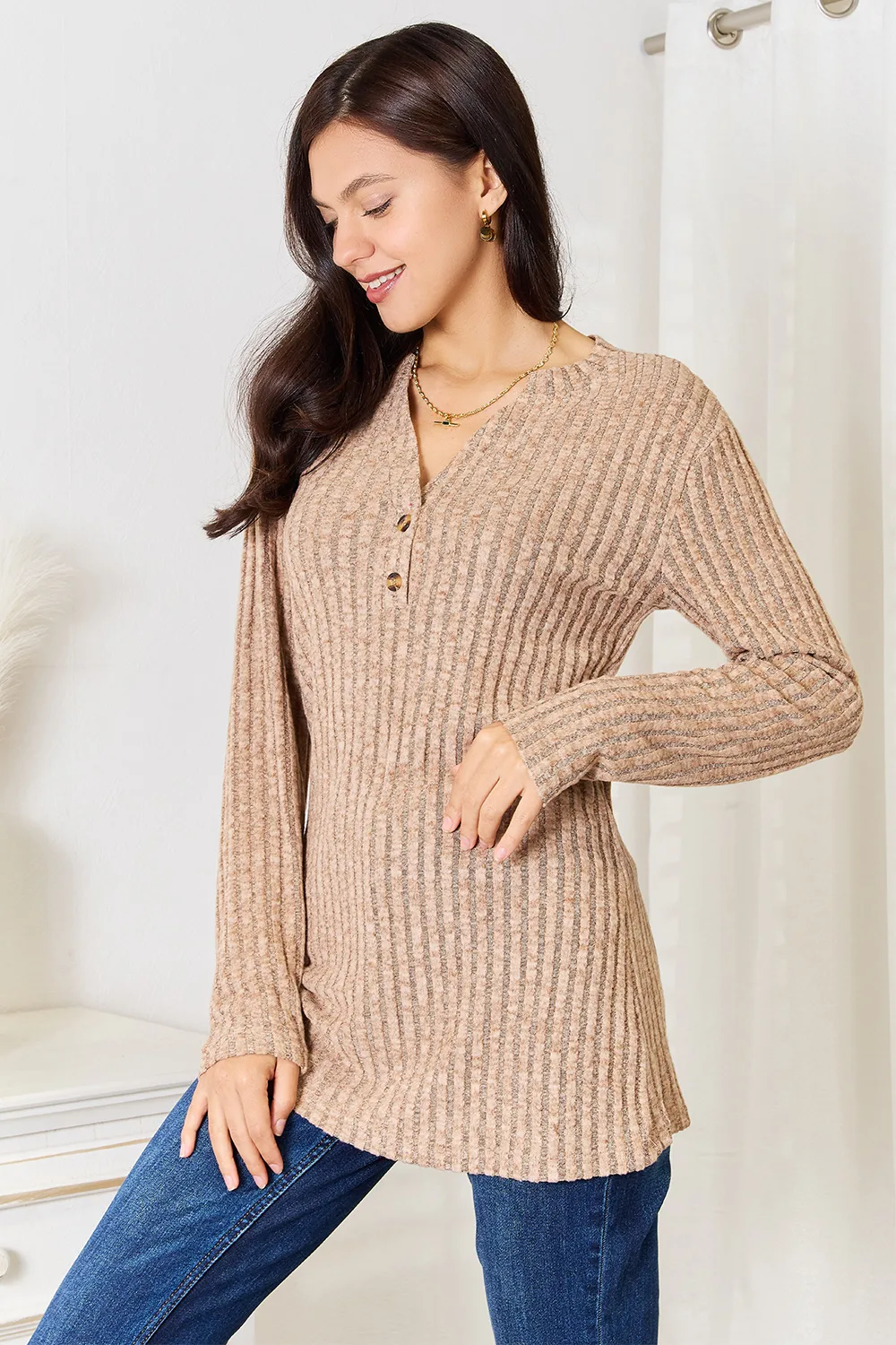 Notched Neck Ribbed Long Sleeve T-Shirt, image 6
