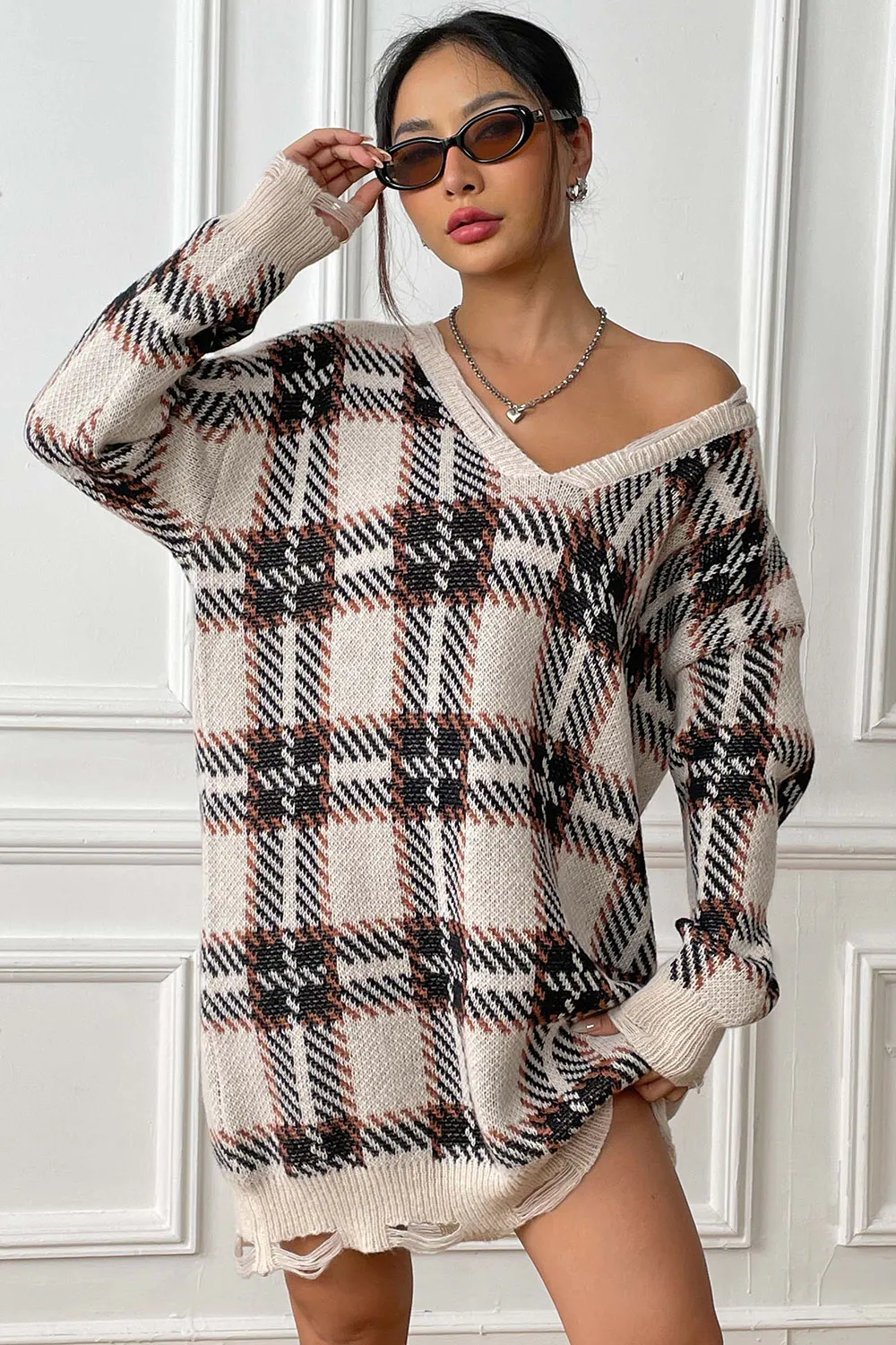 Plaid V-Neck Long Sleeve Sweater Dress, image 15
