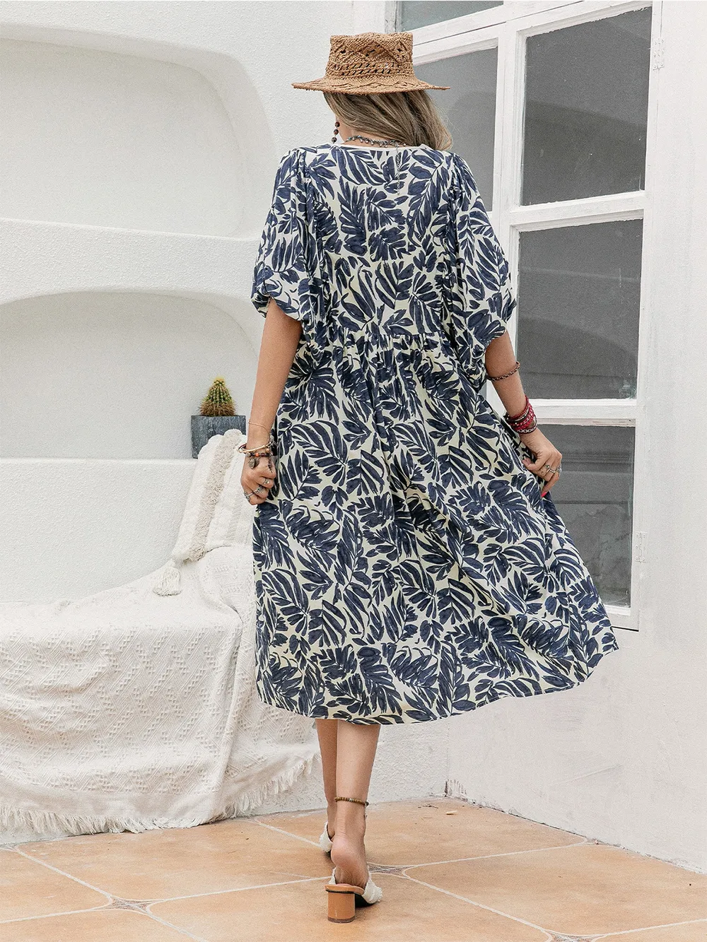 Printed Tie Neck Midi Dress, image 8
