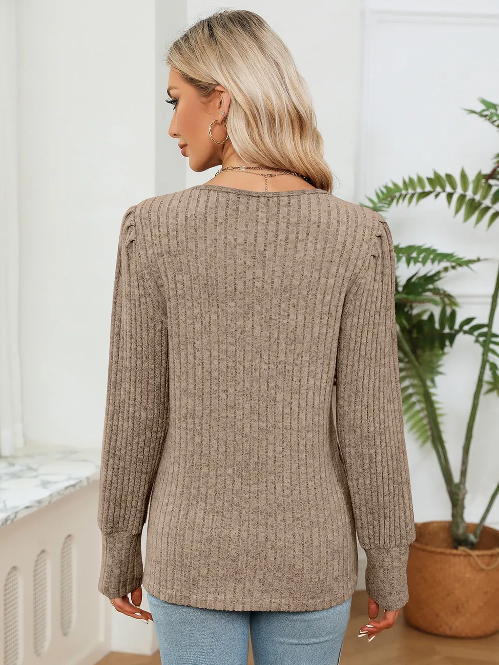 Lace Detail V-Neck Ribbed Blouse, image 12