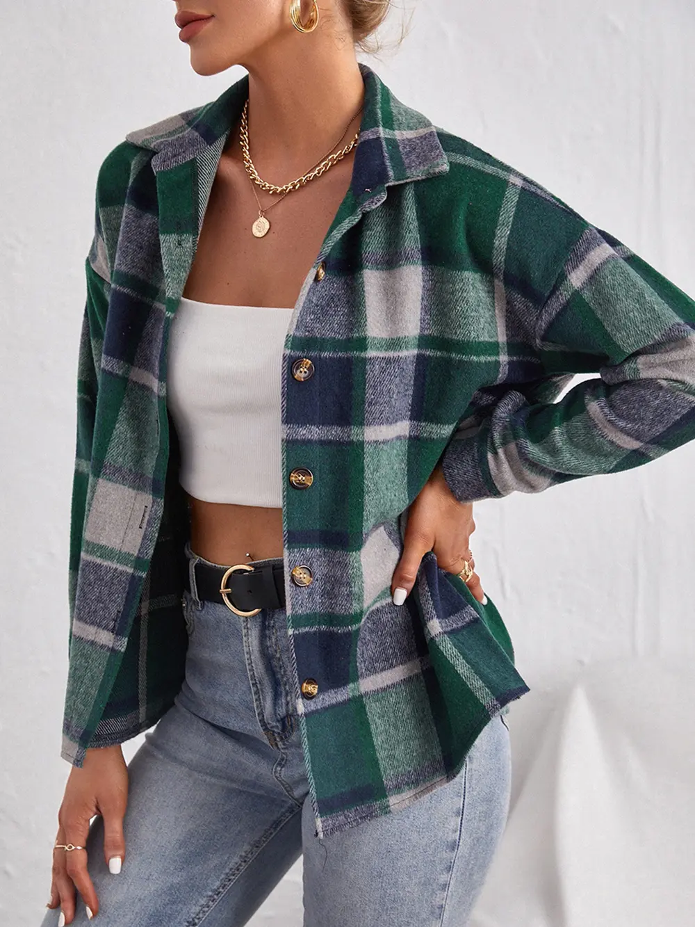Plaid Collared Neck Button Down Jacket, image 8