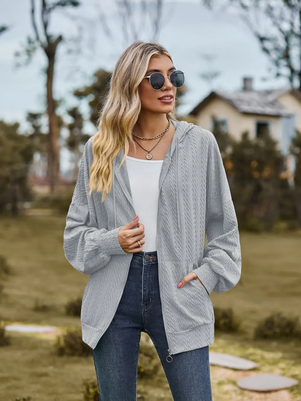 Zip Up Drawstring Long Sleeve Hooded Jacket, image 15
