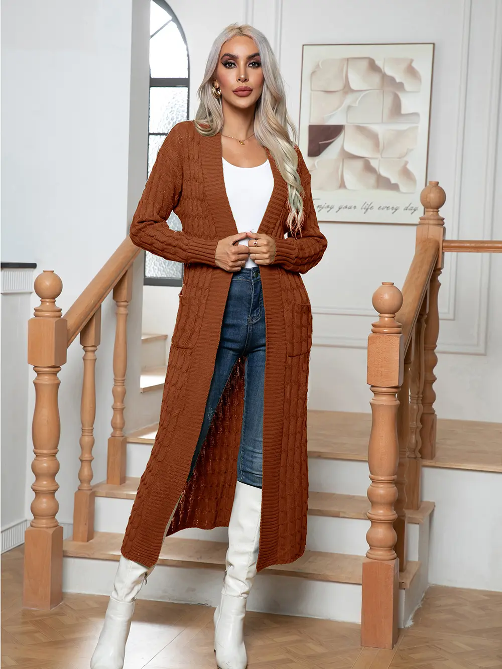 Cable-Knit Open Front Cardigan with Pockets, image 7
