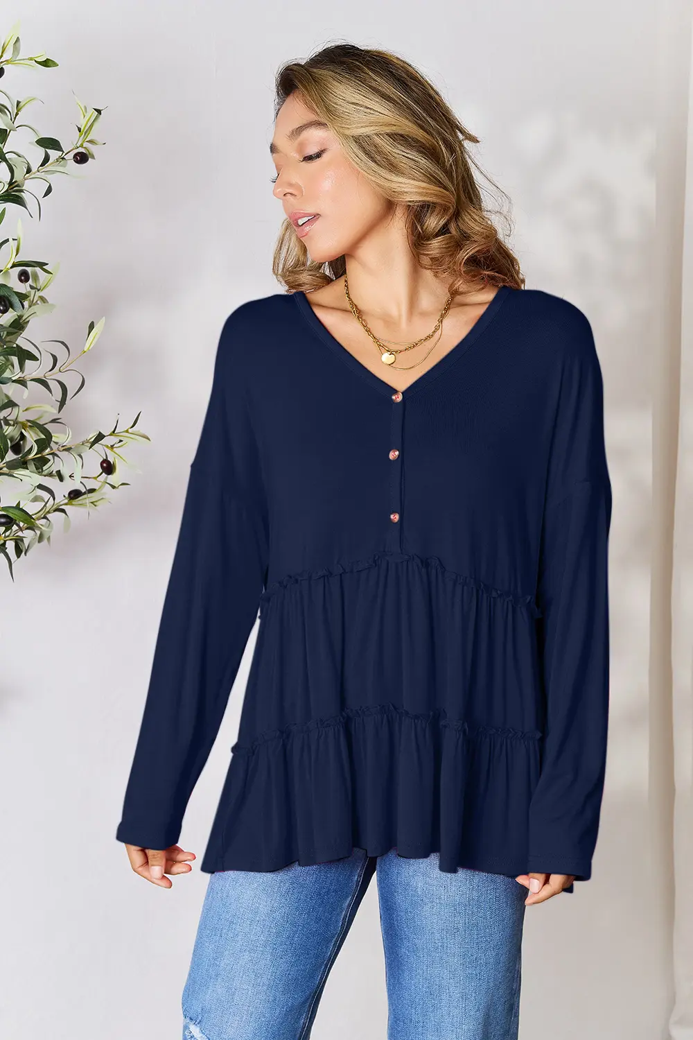 Half Button Long Sleeve Ruffle Hem Blouse, image 29