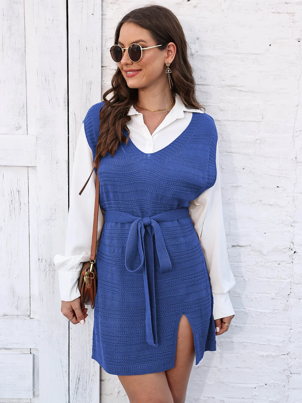Tie Front V-Neck Sleeveless Slit Sweater Dress, image 11