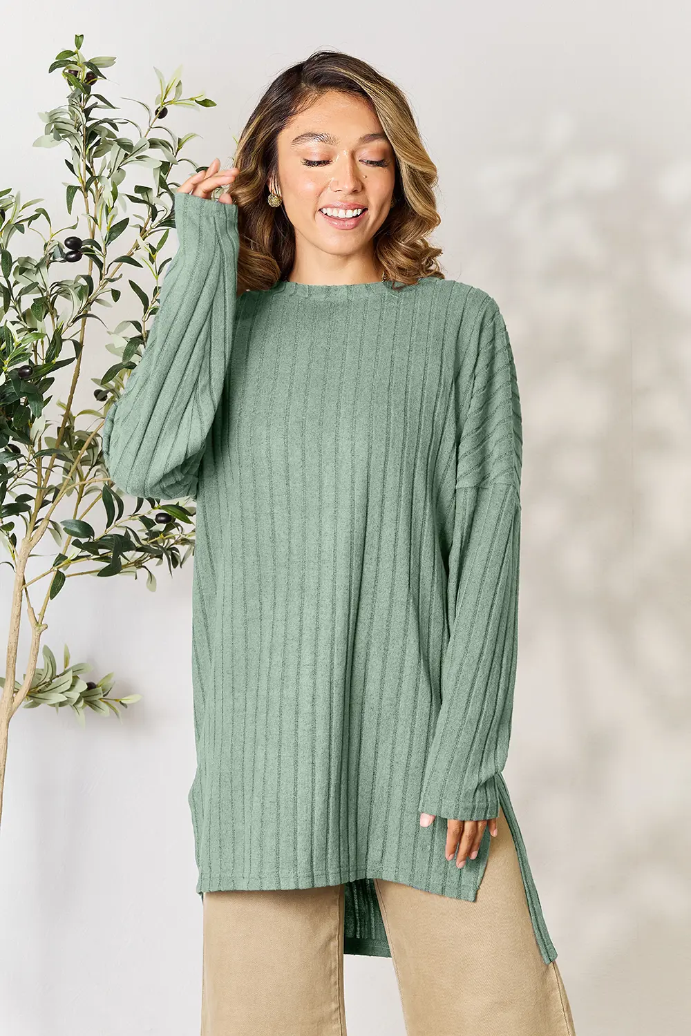 Full Size Ribbed Round Neck Long Sleeve Slit Top, image 29