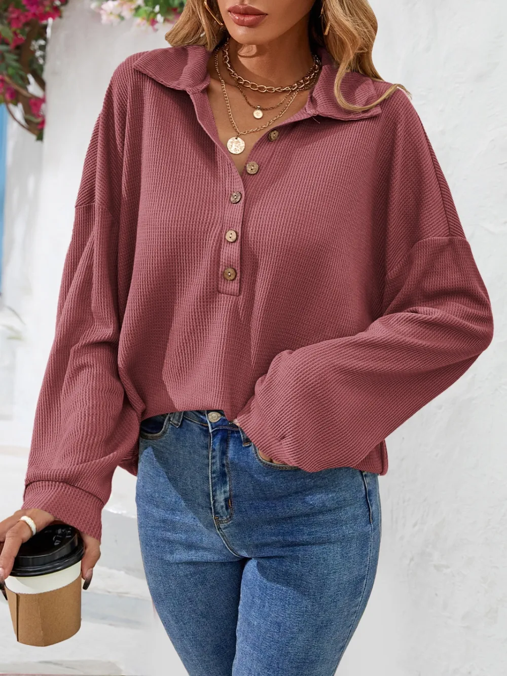 Half Button Collared Neck Long Sleeve Top, image 2