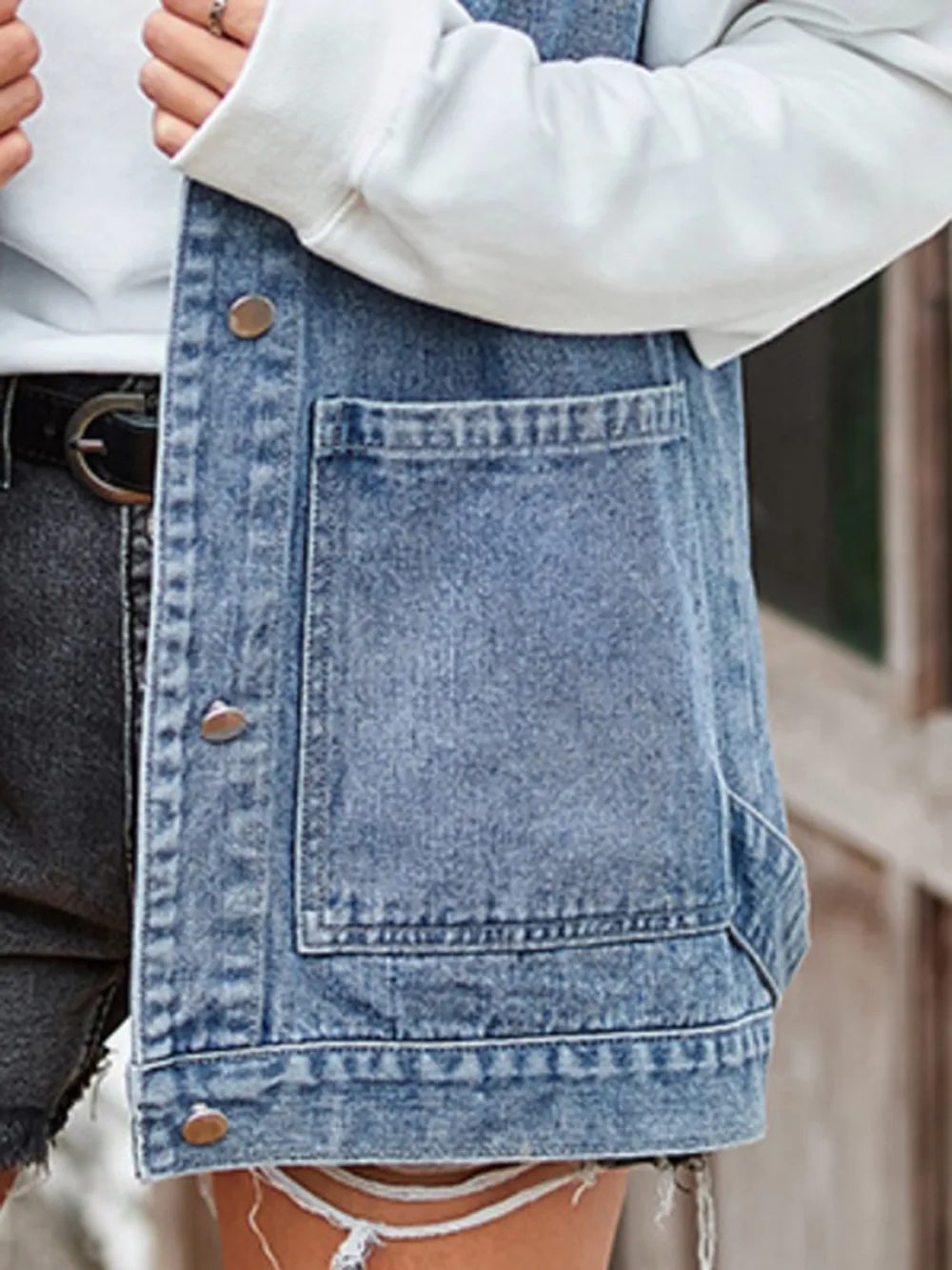 Button Up Sleeveless Denim Jacket with Pockets, image 6
