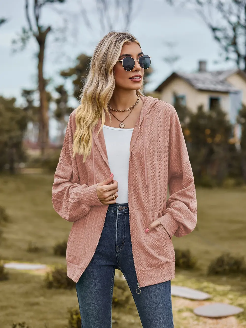 Zip Up Drawstring Long Sleeve Hooded Jacket, image 24