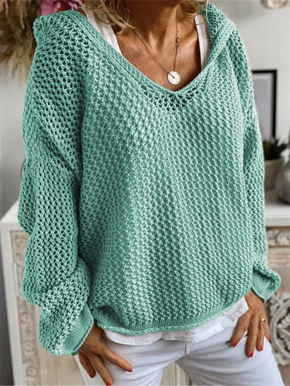 Openwork Hooded Long Sleeve Sweater, image 4