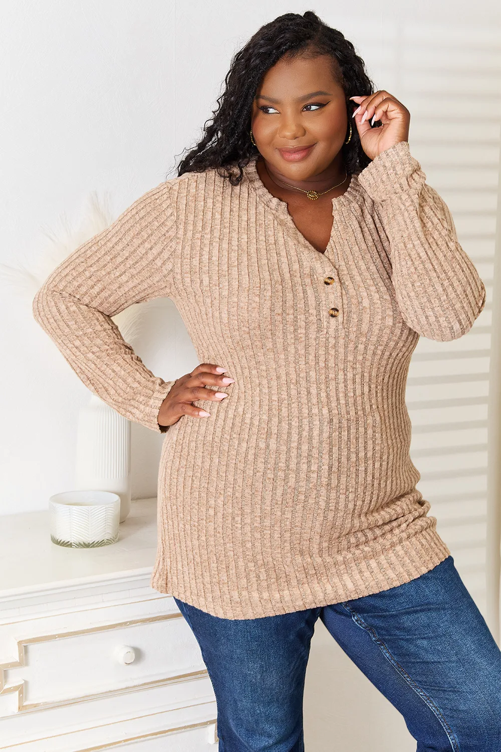 Notched Neck Ribbed Long Sleeve T-Shirt, image 8