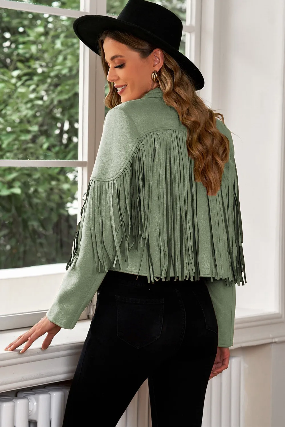 Fringe Trim Lapel Collar Cropped Blazer, image 17
