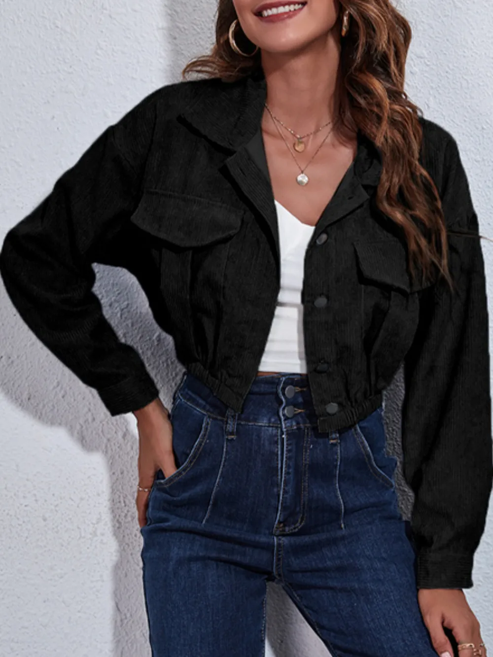 Collared Neck Dropped Shoulder Buttoned Jacket, image 5