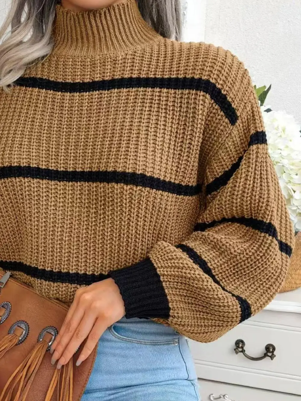 Striped Mock Neck Dropped Shoulder Sweater, image 6