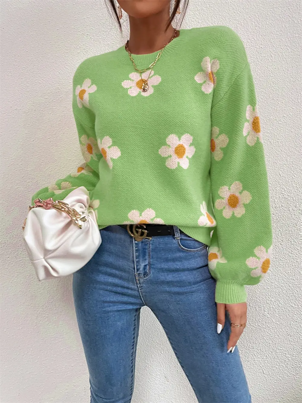 Flower Round Neck Latern Sleeve Sweater, image 15