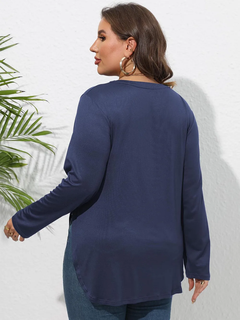 Plus Size Round Neck Long Sleeve Slit T-Shirt, image 3