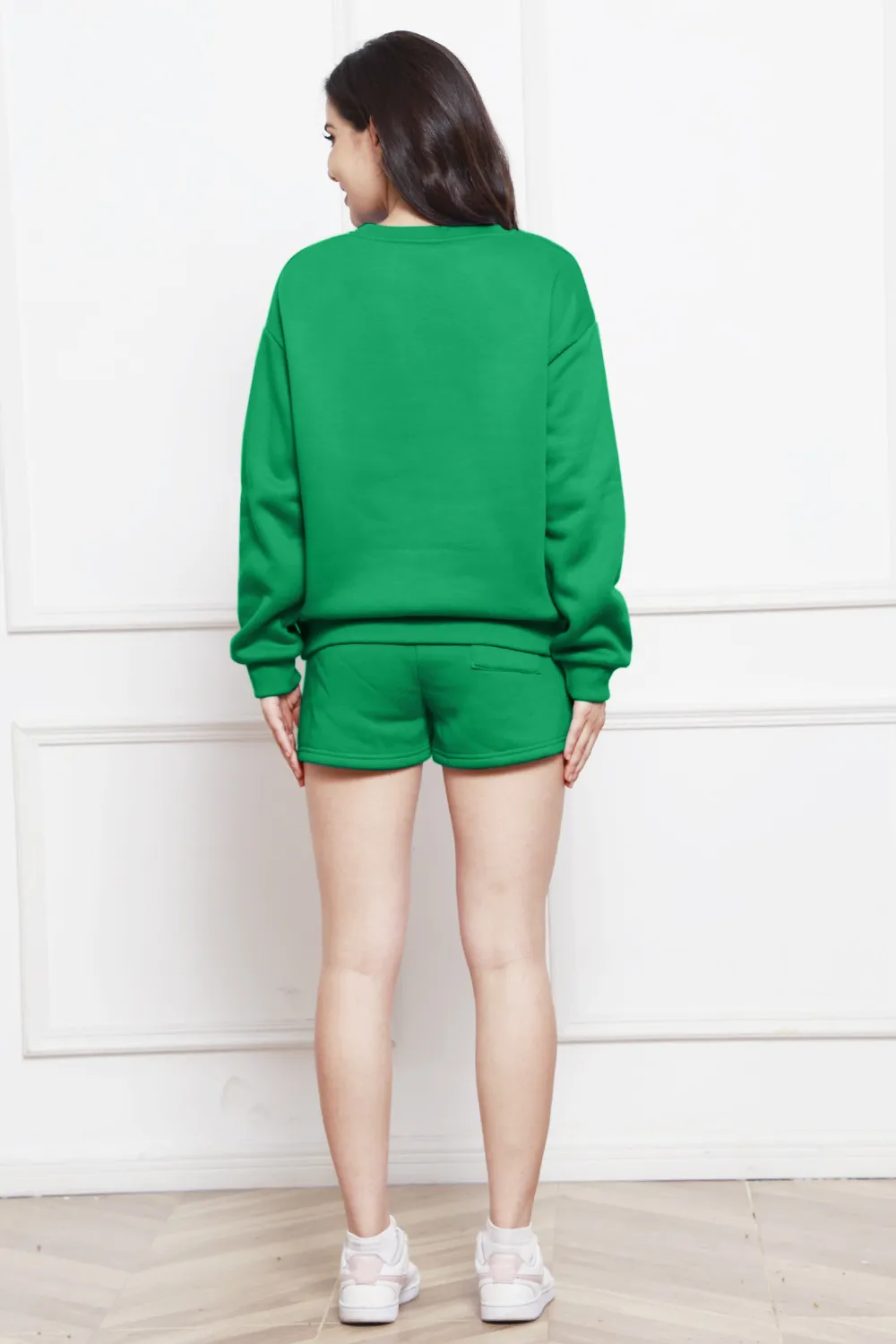 Round Neck Long Sleeve Sweatshirt and Drawstring Shorts Set, image 13