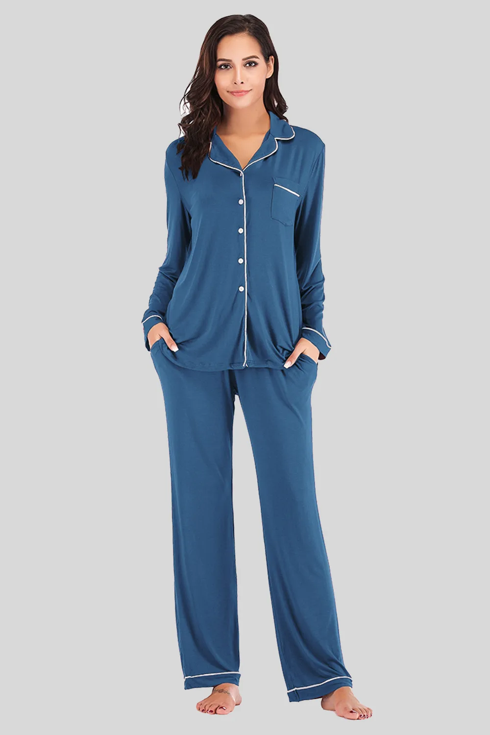 Collared Neck Long Sleeve Loungewear Set with Pockets, image 11