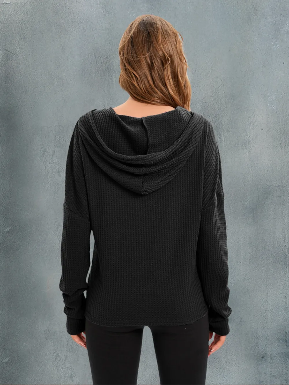 Waffle-Knit Drawstring Drop Shoulder Hoodie, image 5