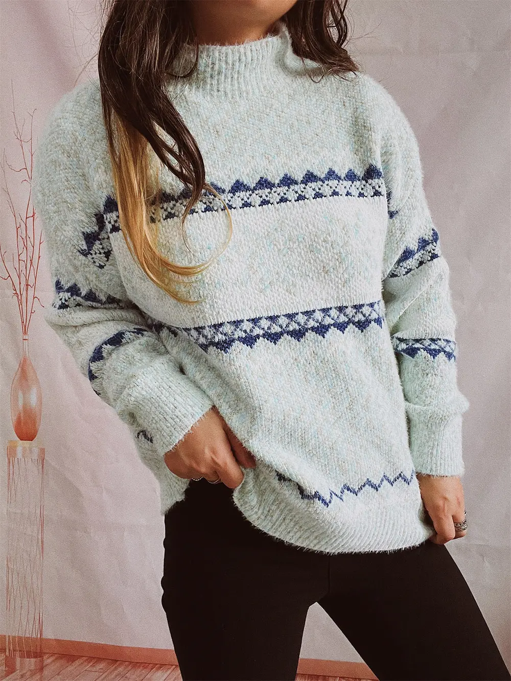 Geometric Mock Neck Dropped Shoulder Sweater, image 11