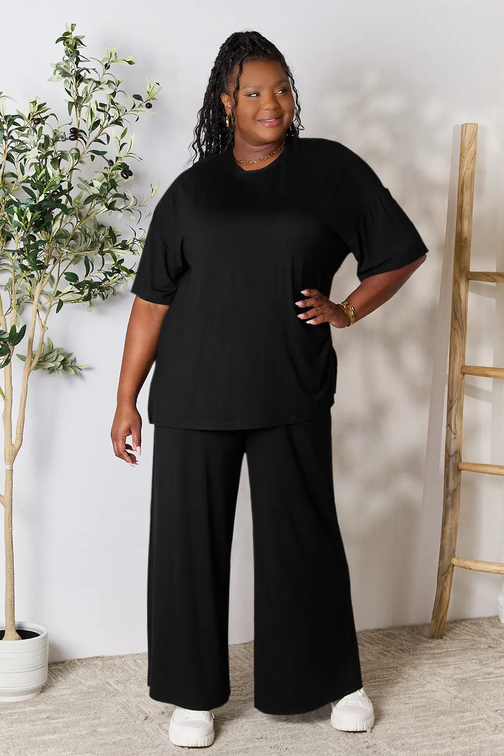 Full Size Round Neck Slit Top and Pants Set, image 27