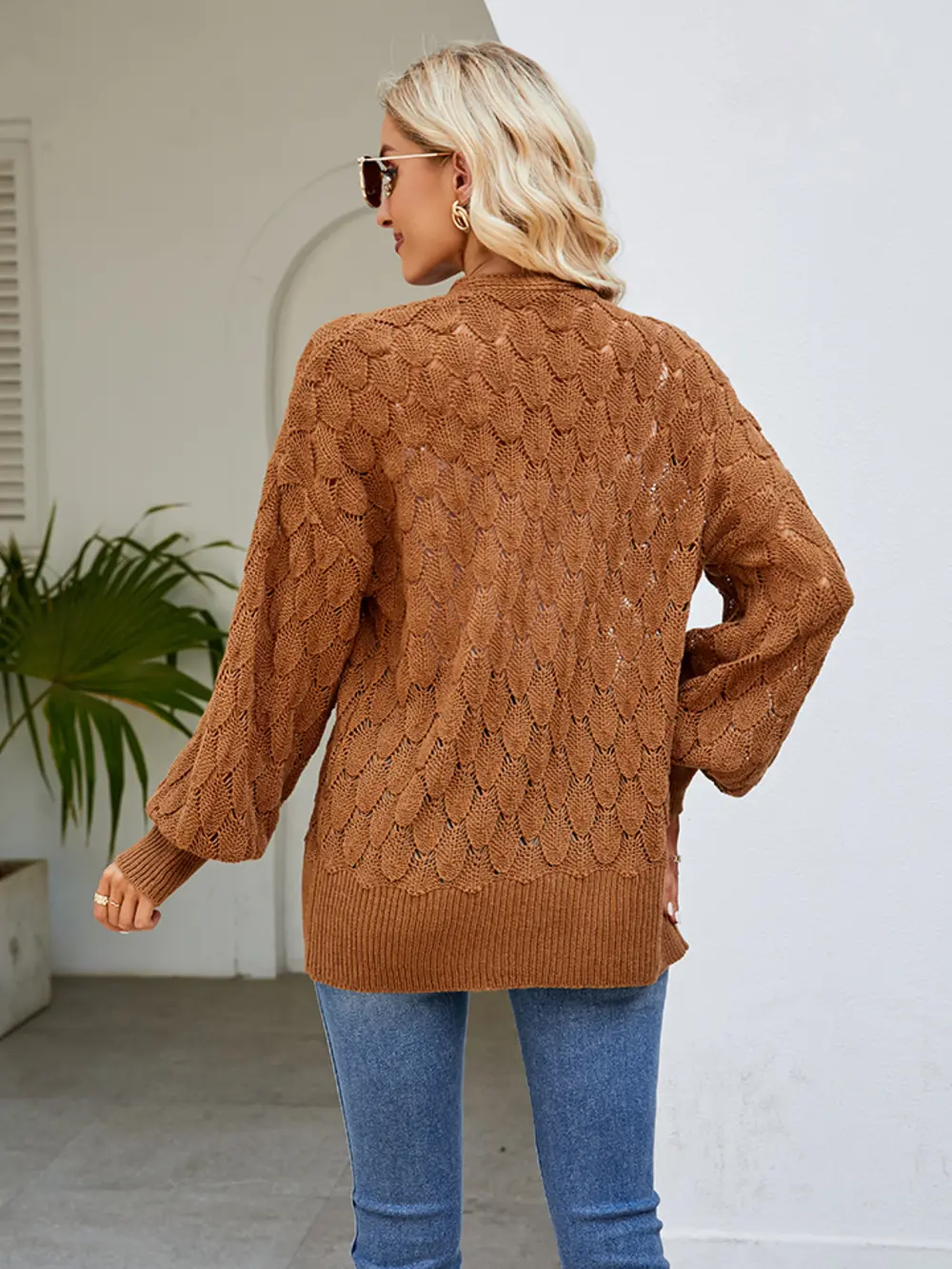 Openwork Open Front Lantern Sleeve Cardigan, image 2