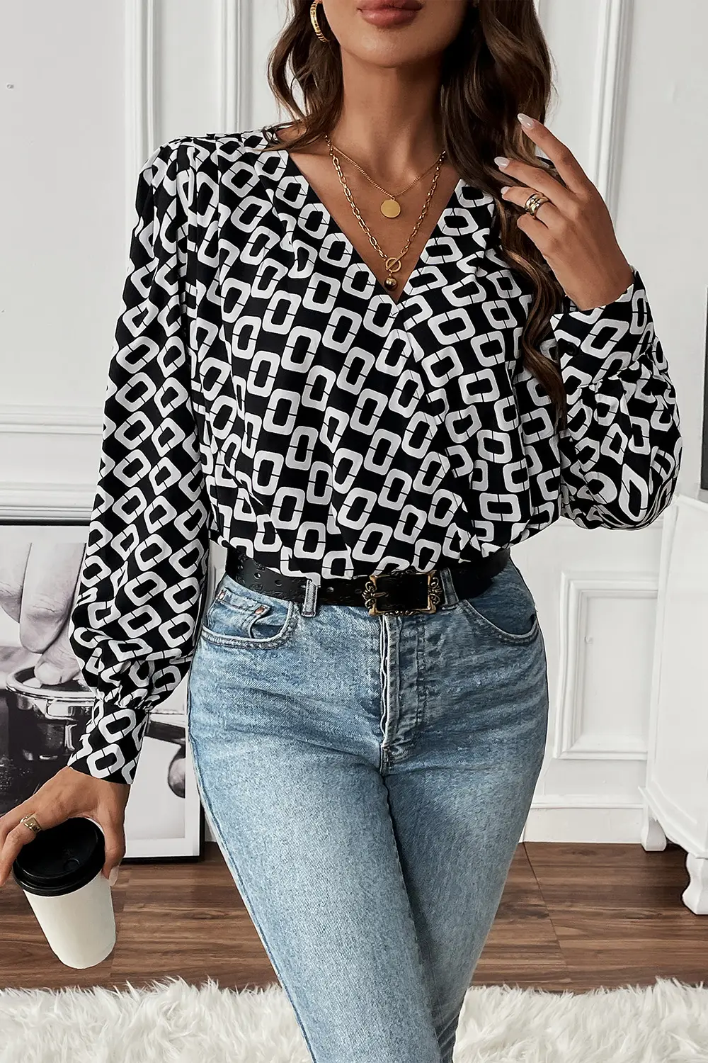 Geometric V-Neck Long Sleeve Blouse, image 3