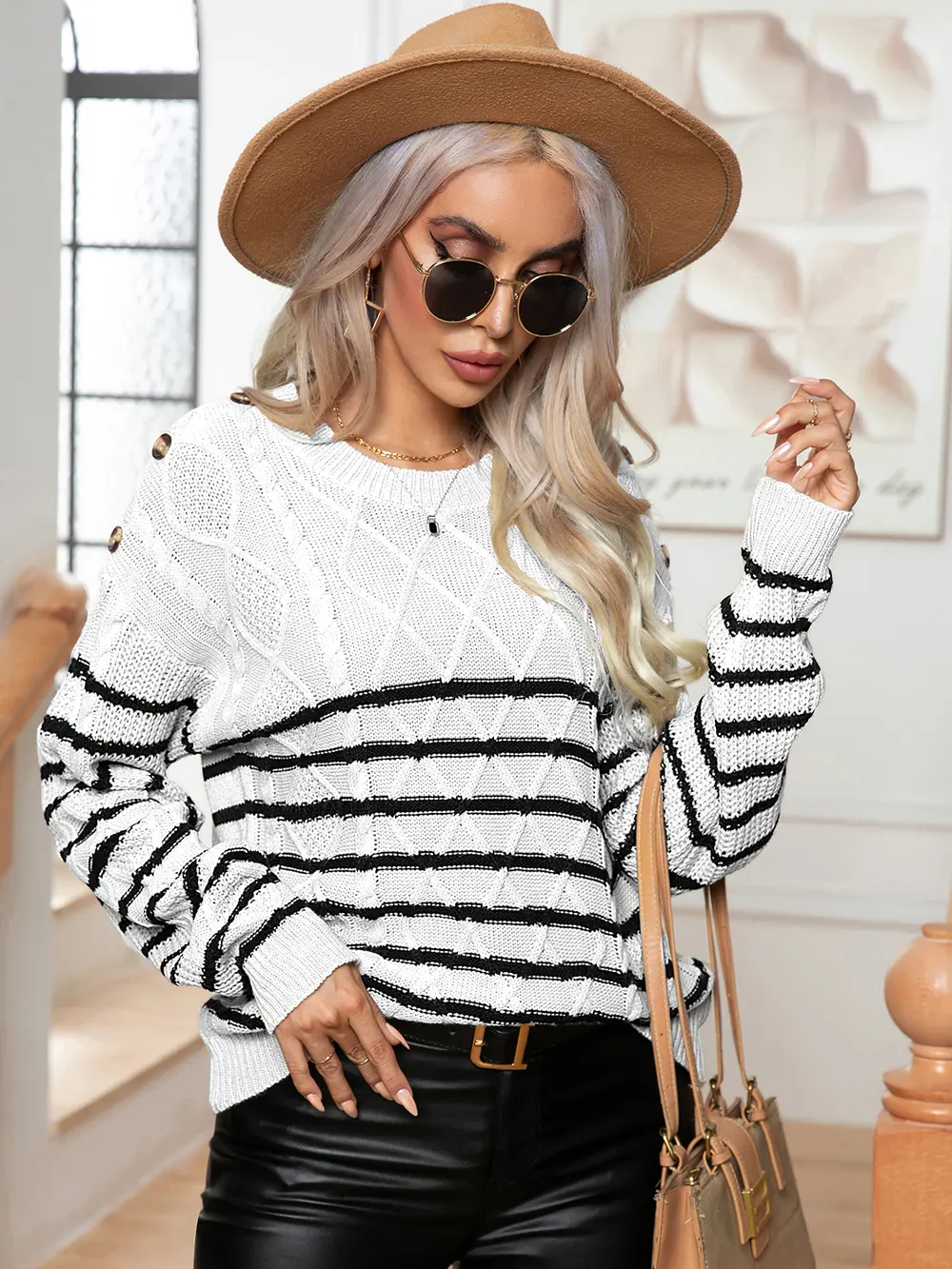 Striped Round Neck Cable-Knit Sweater, image 6