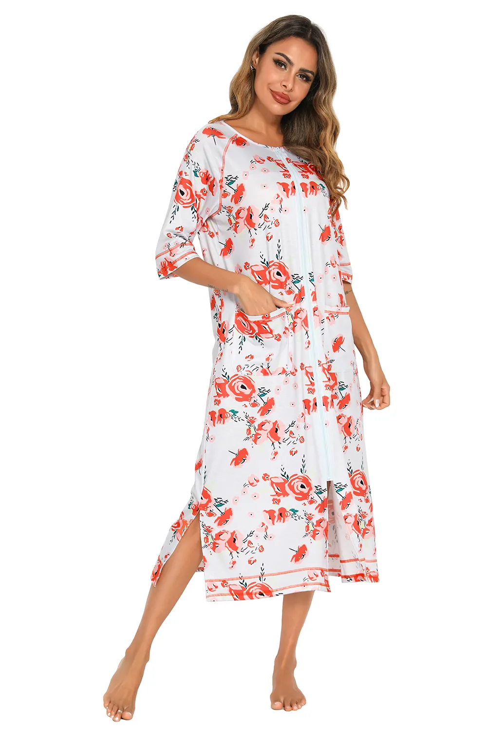 Printed Slit Night Dress with Pockets, image 4