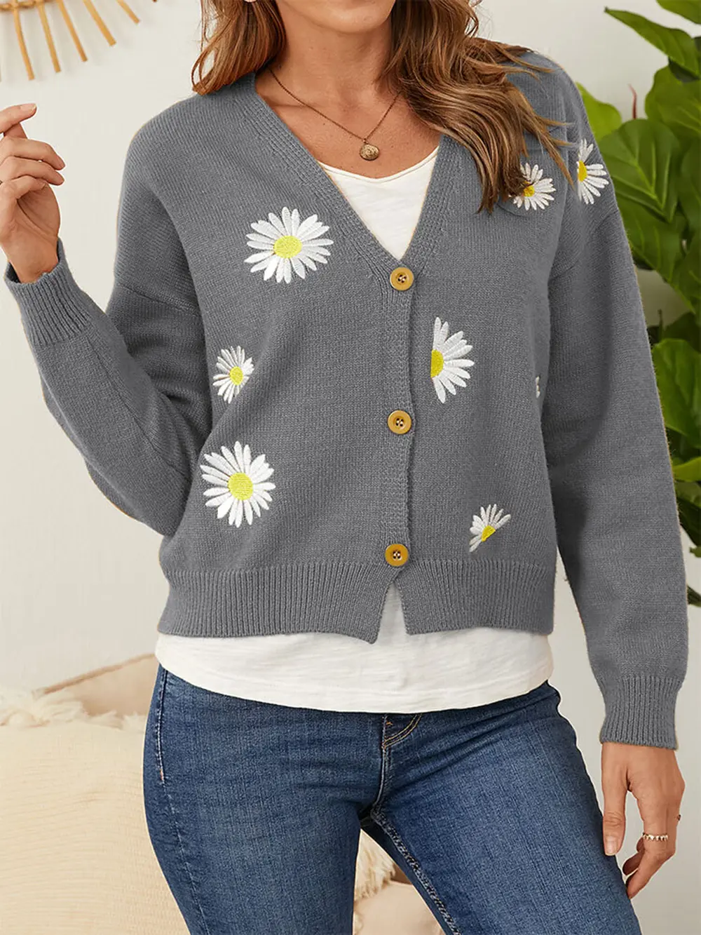 Flower Button Front Dropped Shoulder Cardigan, image 10