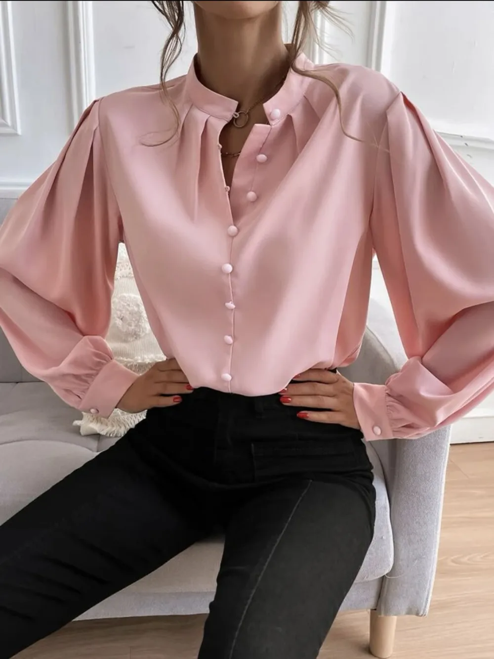 Mock Neck Button Front Shirt, image 9