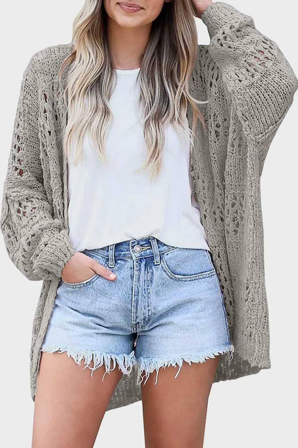 Openwork Open Front Long Sleeve Cardigan, image 14