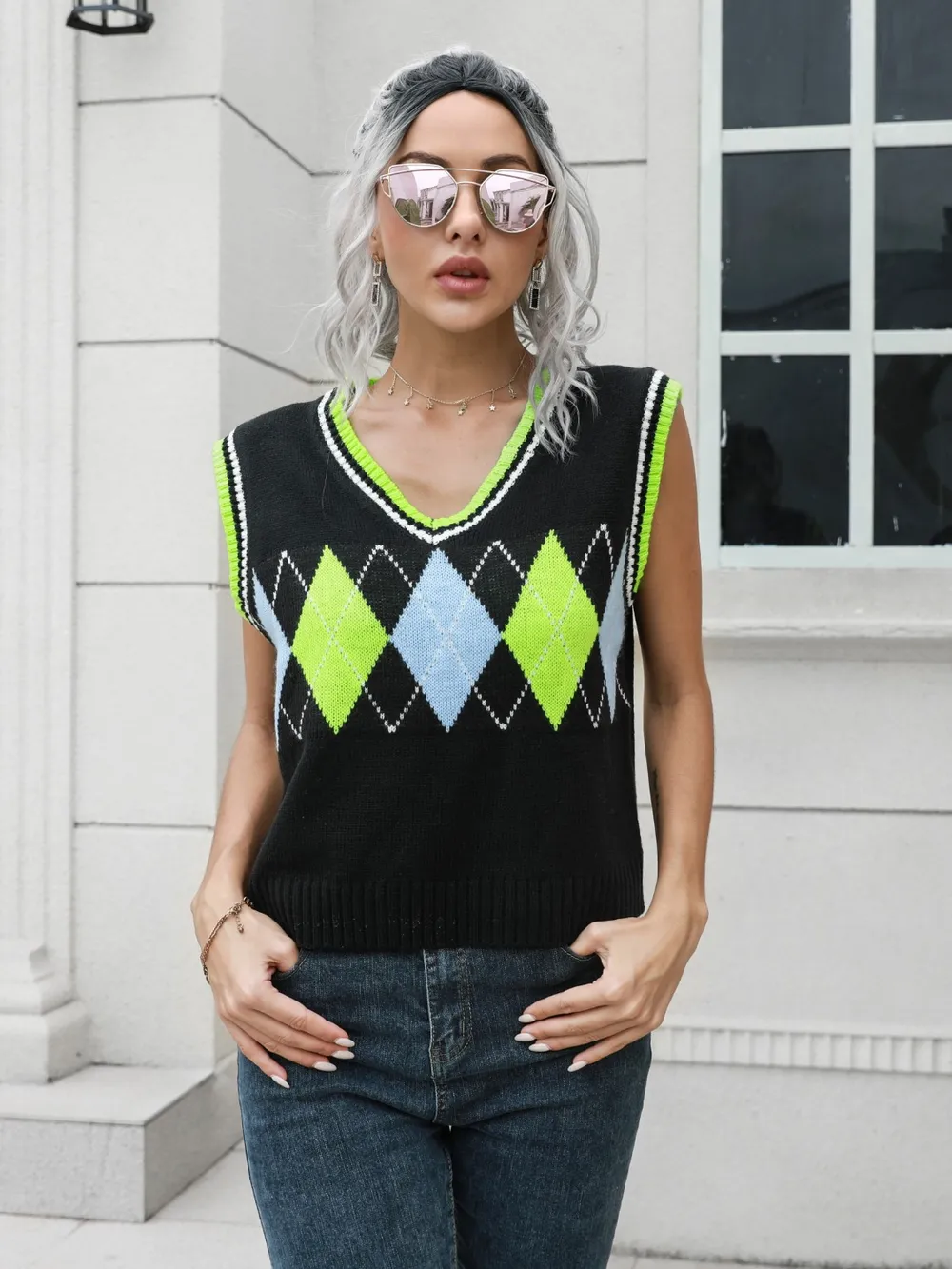 Geometric V-Neck Sweater Vest, image 5