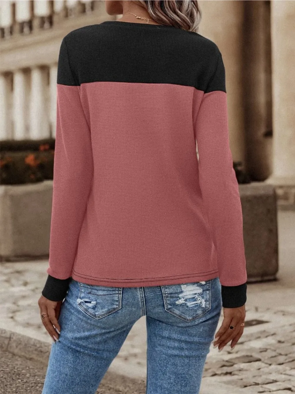 Contrast Buttoned Round Neck Long Sleeve T-Shirt, image 3