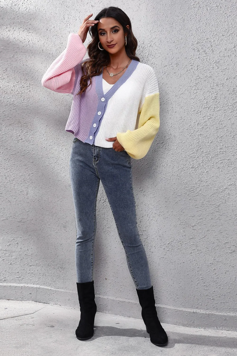 Color Block Button Up V-Neck Knit Top, image 5