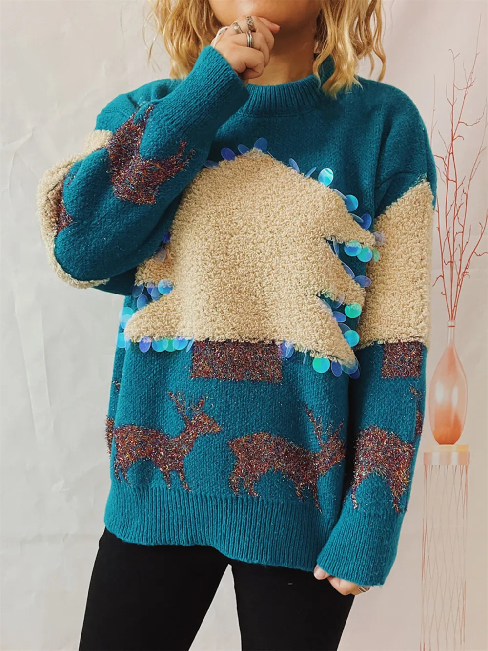 Sequin Christmas Tree & Reindeer Round Neck Sweater, image 4