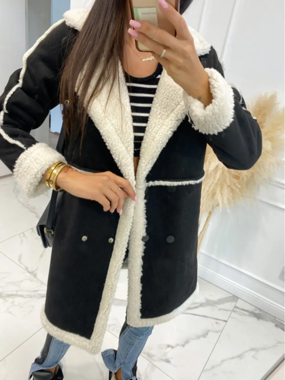 Lapel Collar Exposed Seam Buttoned Coat, image 5
