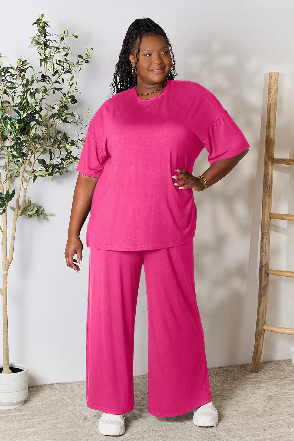 Full Size Round Neck Slit Top and Pants Set, image 28