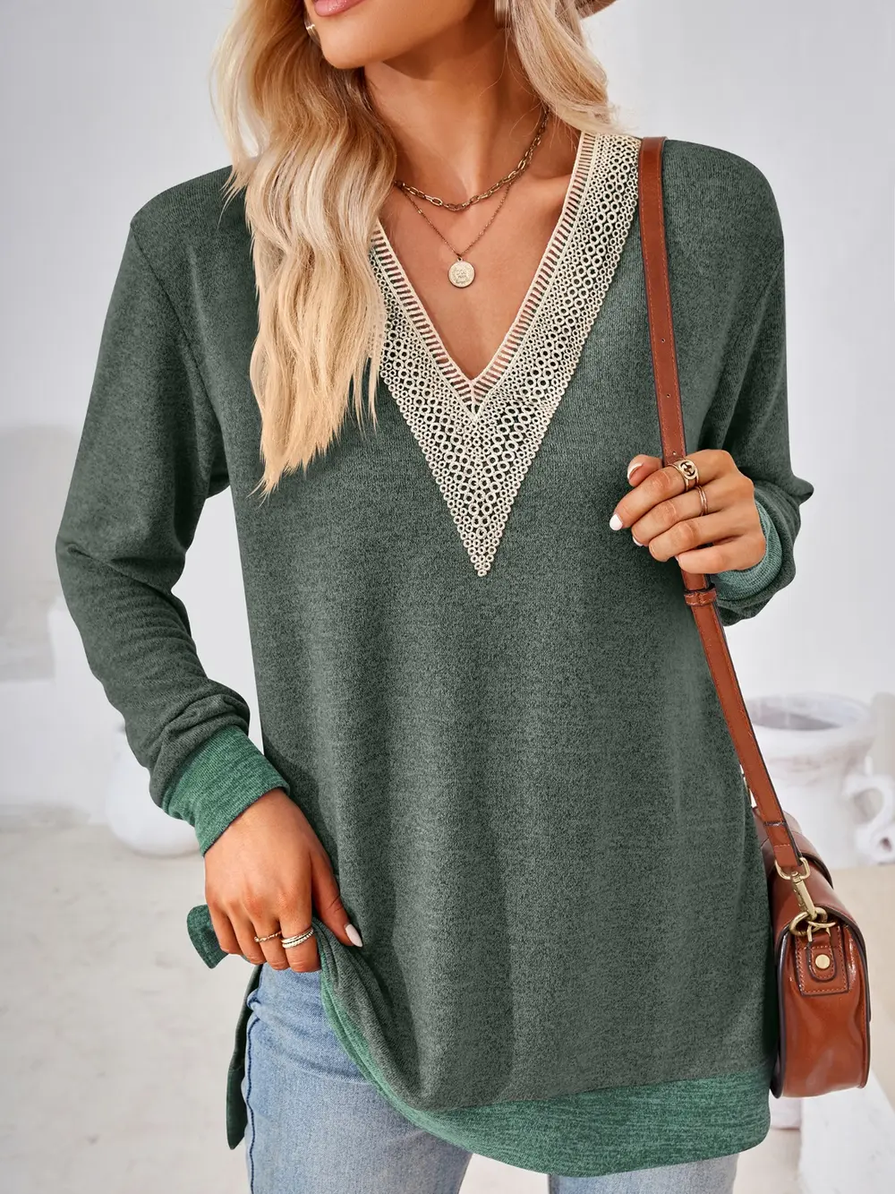 Crochet Contrast V-Neck Long Sleeve Slit T-Shirt, image 10