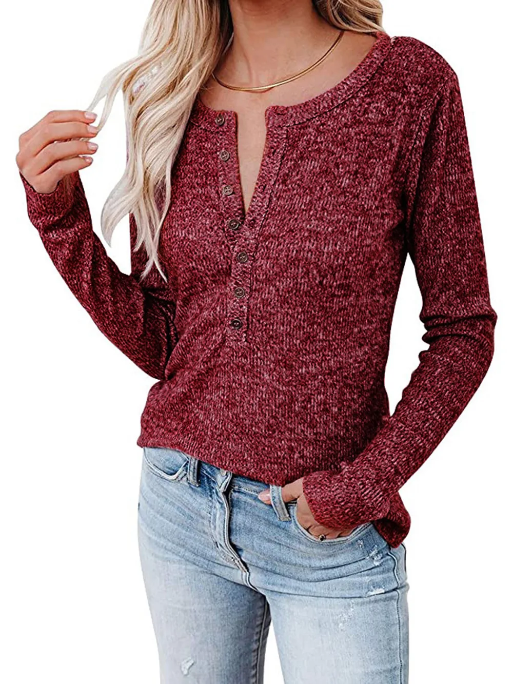 Round Neck Buttoned Long Sleeve T-Shirt, image 5