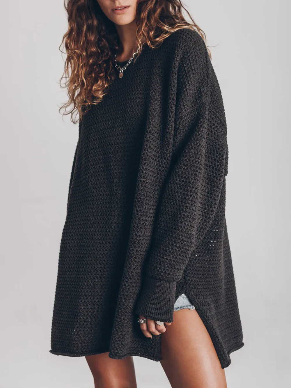 Openwork Round Neck Long Sleeve Slit Sweater, image 7