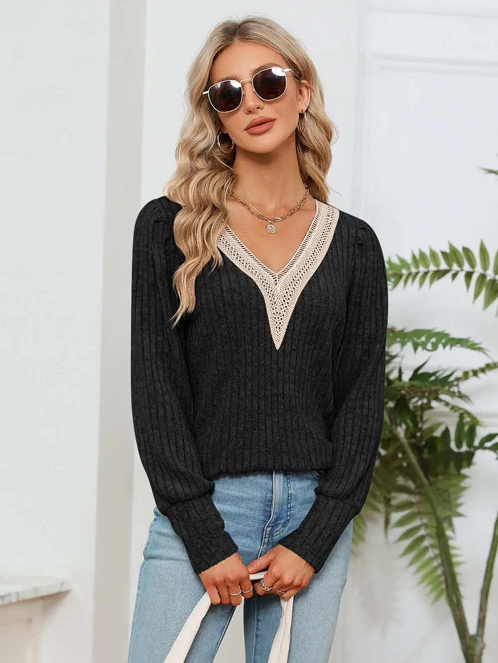 Lace Detail V-Neck Ribbed Blouse, image 5