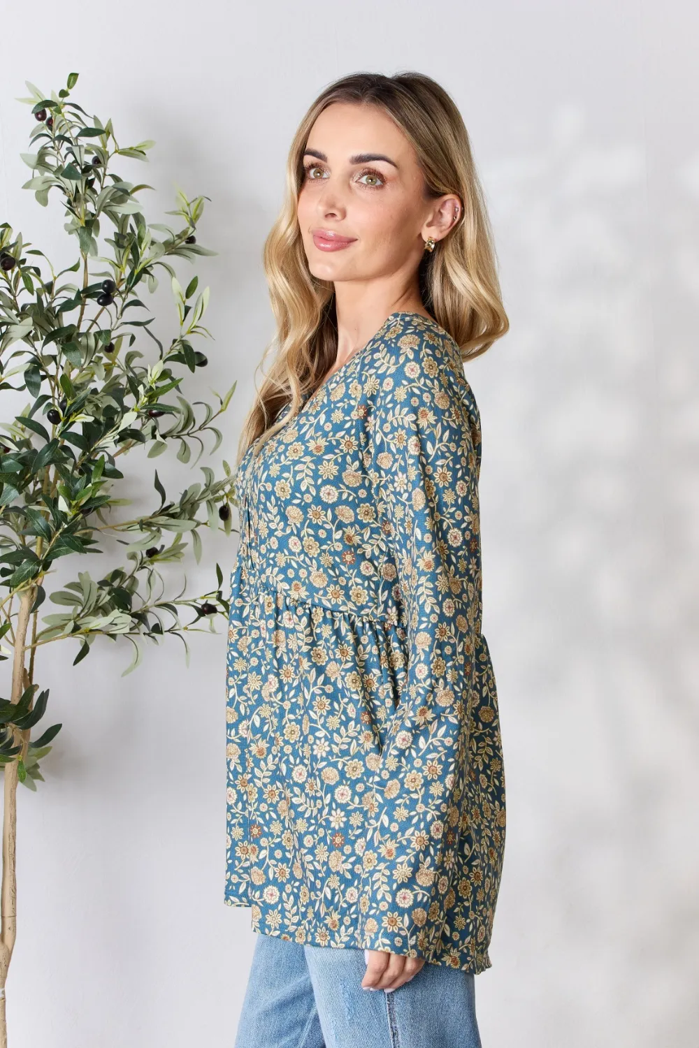 Full Size Floral Half Button Long Sleeve Blouse, image 2