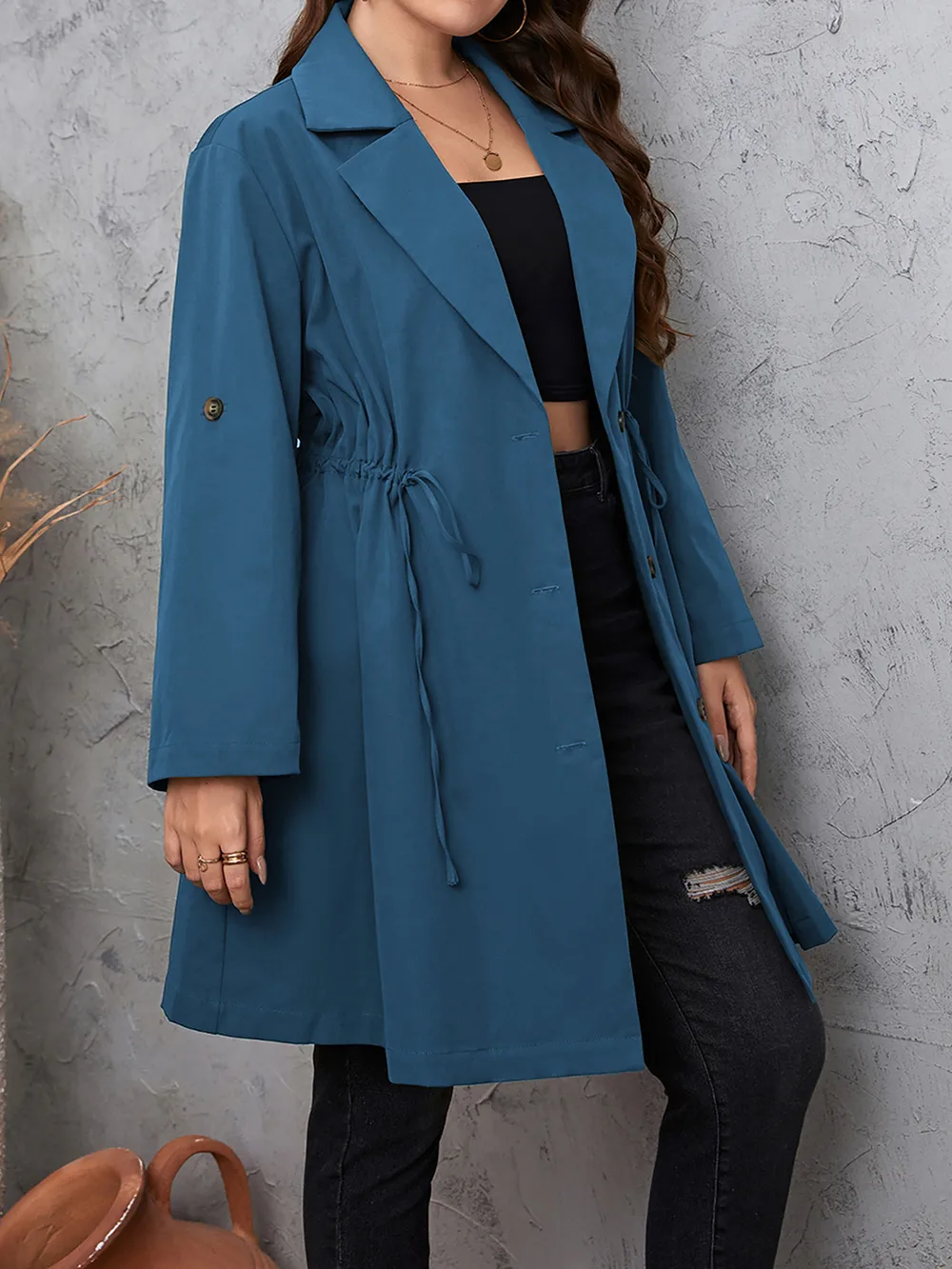 Plus Size Lapel Collar Drawstring Roll-Tab Sleeve Trench Coat, image 14